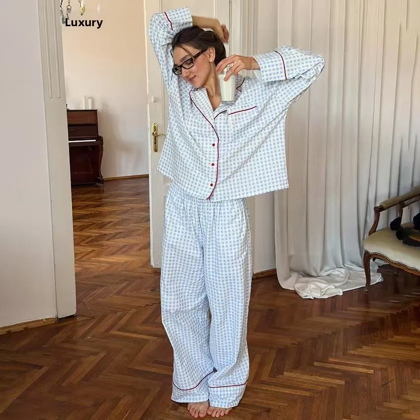 

Casual Plaid Long Sleeve Top And Pants Set Home Clothes Loose Fit Youth Spring Autumn Winter Home Comfortable Two Piece Set