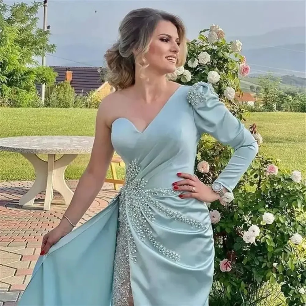 Elegant Mint Green Evening Gown One Shoulder Long Sleeve Crystal Beaded Lace Prom Party Dress Plus Size Formal Ocn Clothing