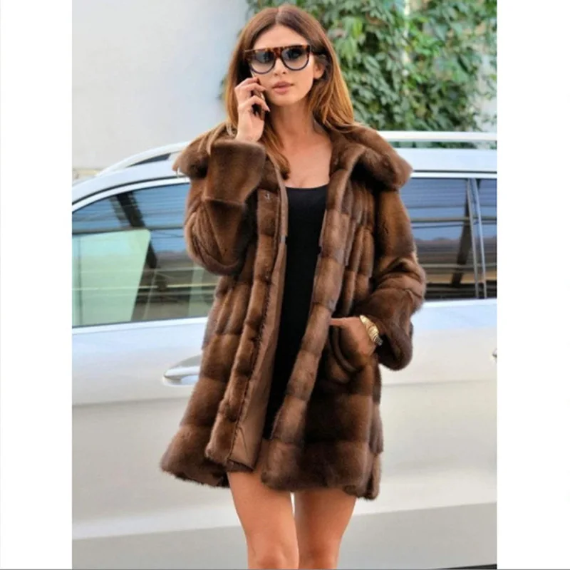 

Women Faux Fur Jacket Mid Length Coats Thick Warm Open Stitch Coat Hooded Full Sleeve Casual Elegant Splice Autumn Winter 2025