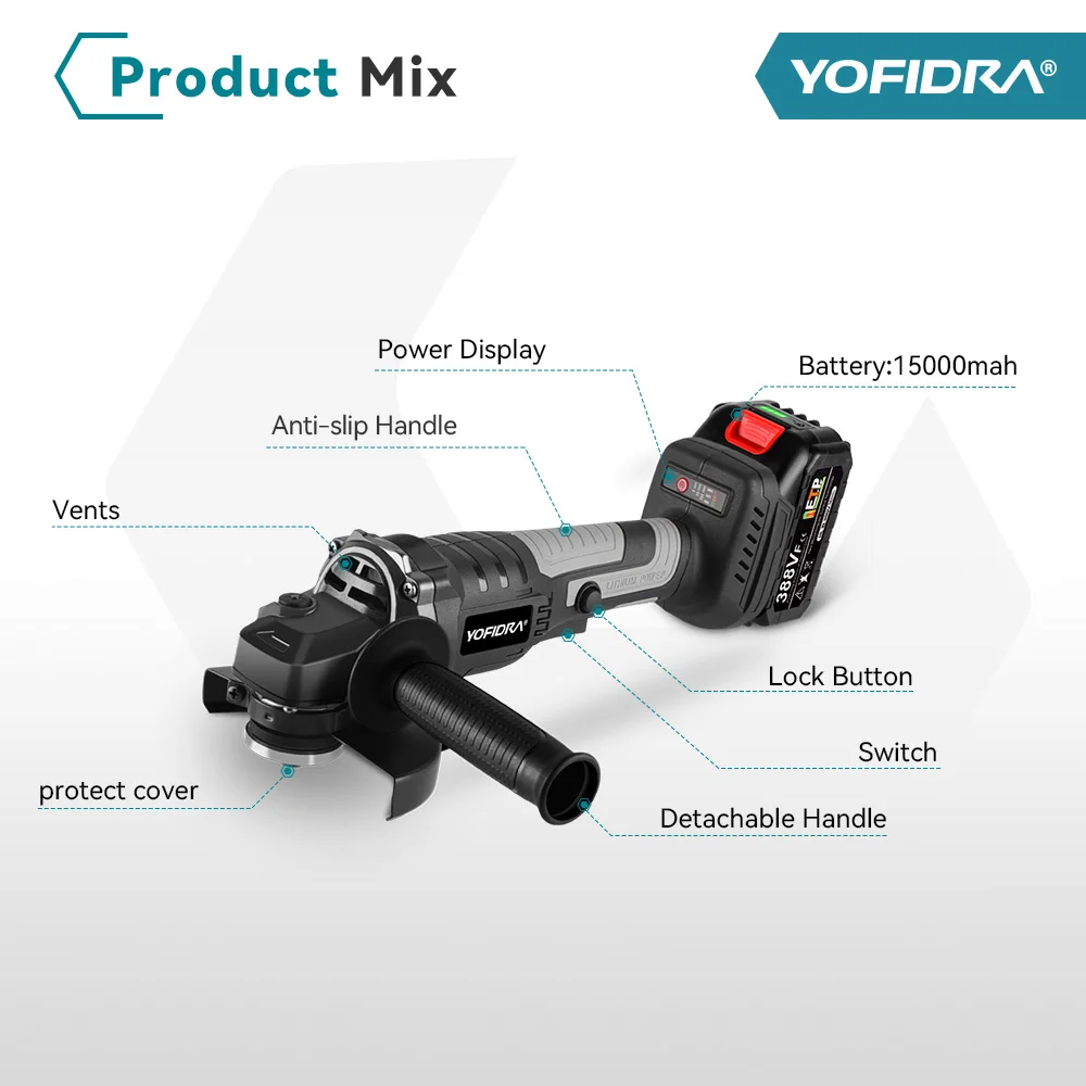 YOFIDRA-amoladora angular sin escobillas de 125mm, herramienta eléctrica de pulido y corte de madera eficiente inalámbrica de 3 engranajes para