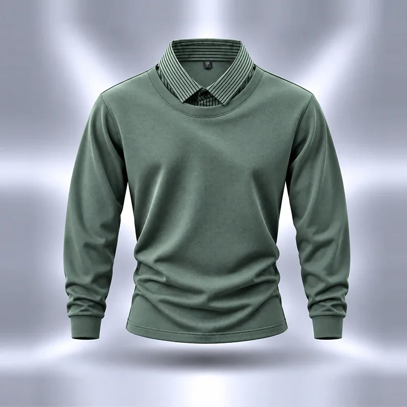 Mens Fake Two Piece Long Sleeve Sweatshirt Striped Lapel Collar Pullover Tops Business Casual Wear Soft Daily Shirts For Men