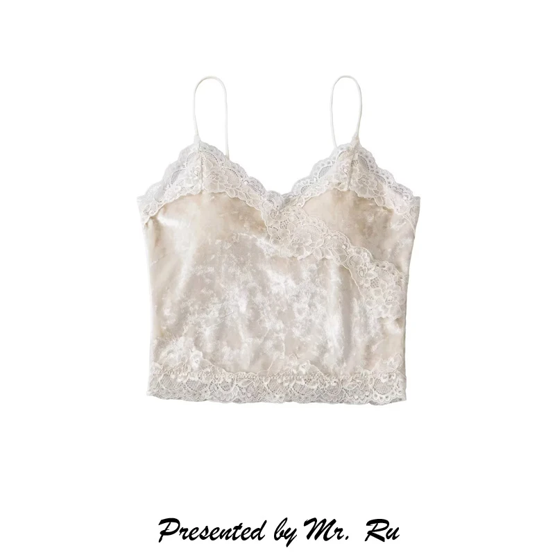 

Sexy Lace Trim Velvet Csole with Chest Pad Anti-Aging Base irt Cross Design V-Ne ort Length Inner Wear for Women