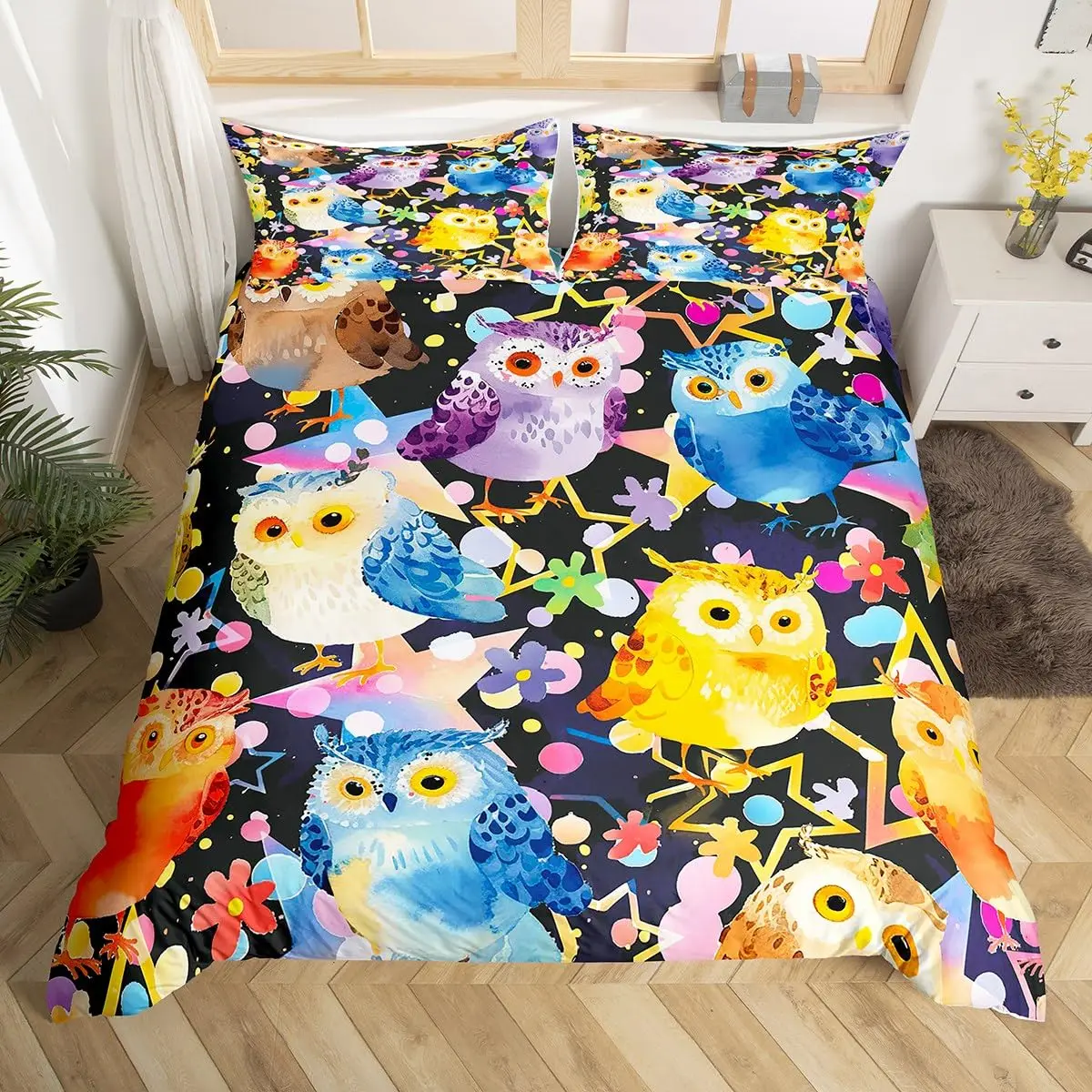 Cartoon Owl Bedding Set King Queen Cute Animal Starts Comforter Cover Outer Space Duvet Cover Kids Girls Bedroom Quilt Cover