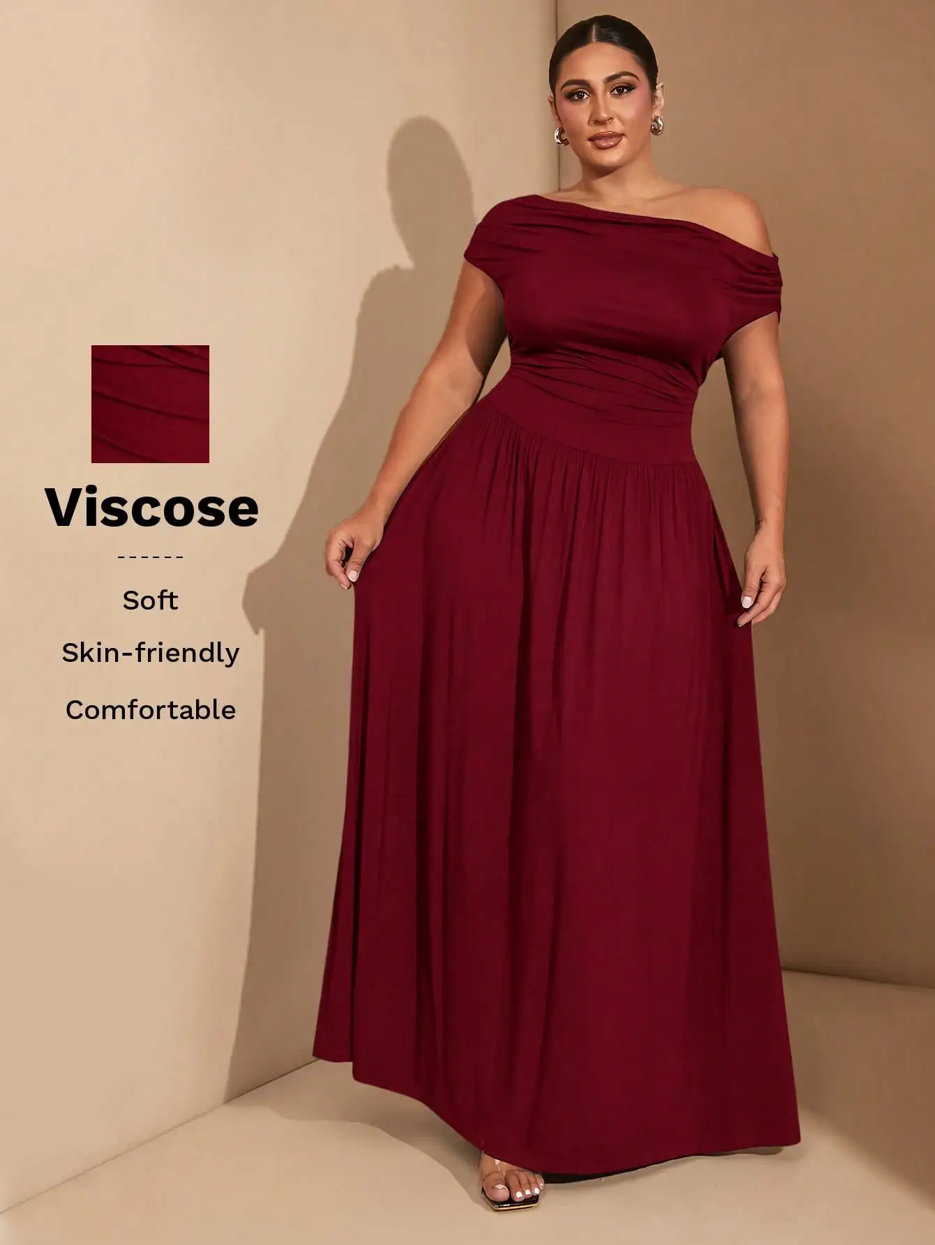 

Plus Size Off-Shoulder Maxi Dress in Burgundy Viscose, Elegant & Comfortable