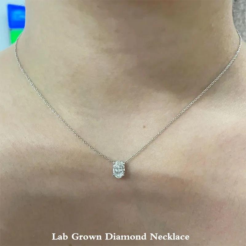 

1Ct-4Ct Oval Cut DEF Color VS Clarity Lab Grown Diamond CVD HPHT Pendant Solitaire 14k White Gold Necklace With IGI Certificate
