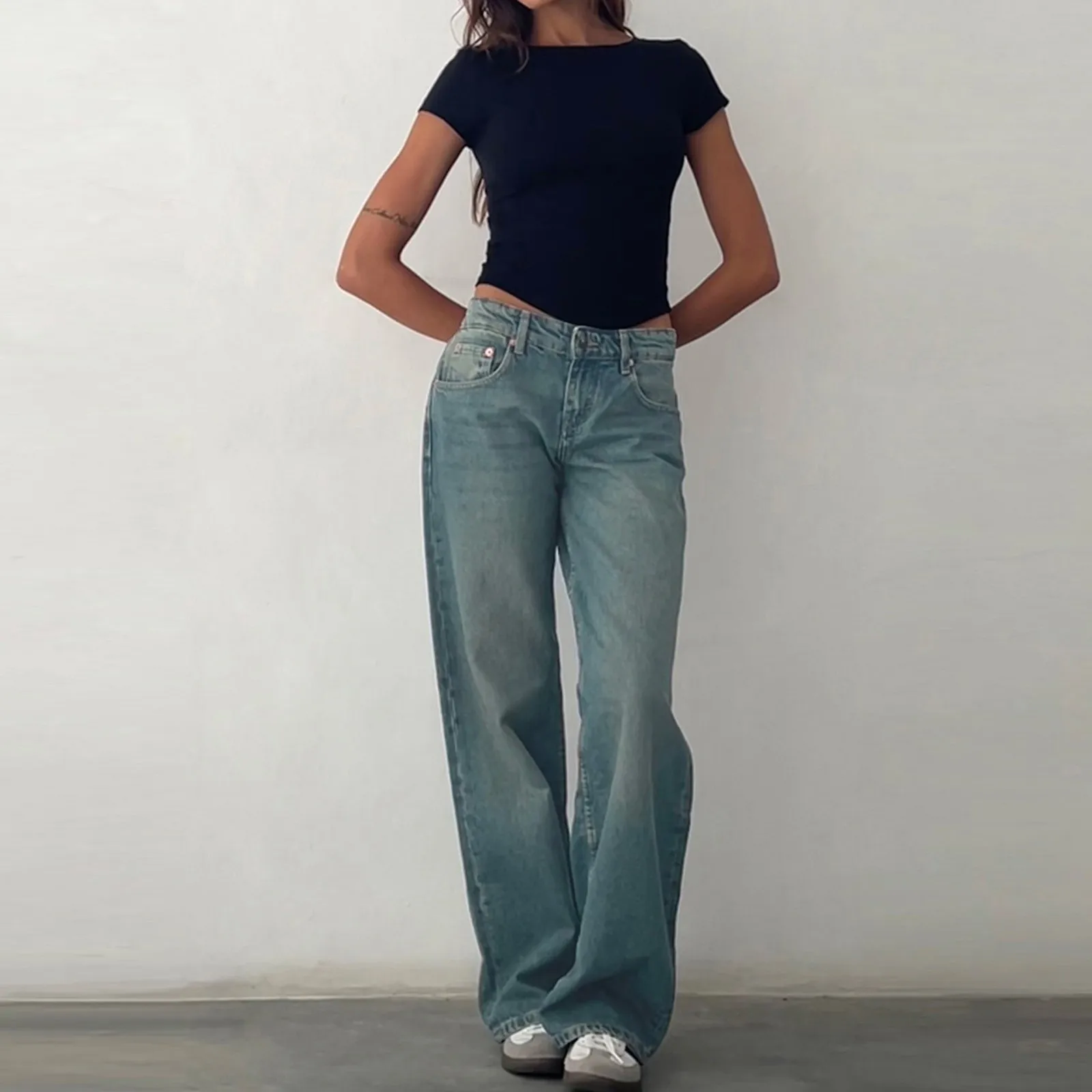 

Свободные классические джинсы в корейском стиле, женские модные широкие брюки с высокой талией, модные универсальные тонкие длинные брюки