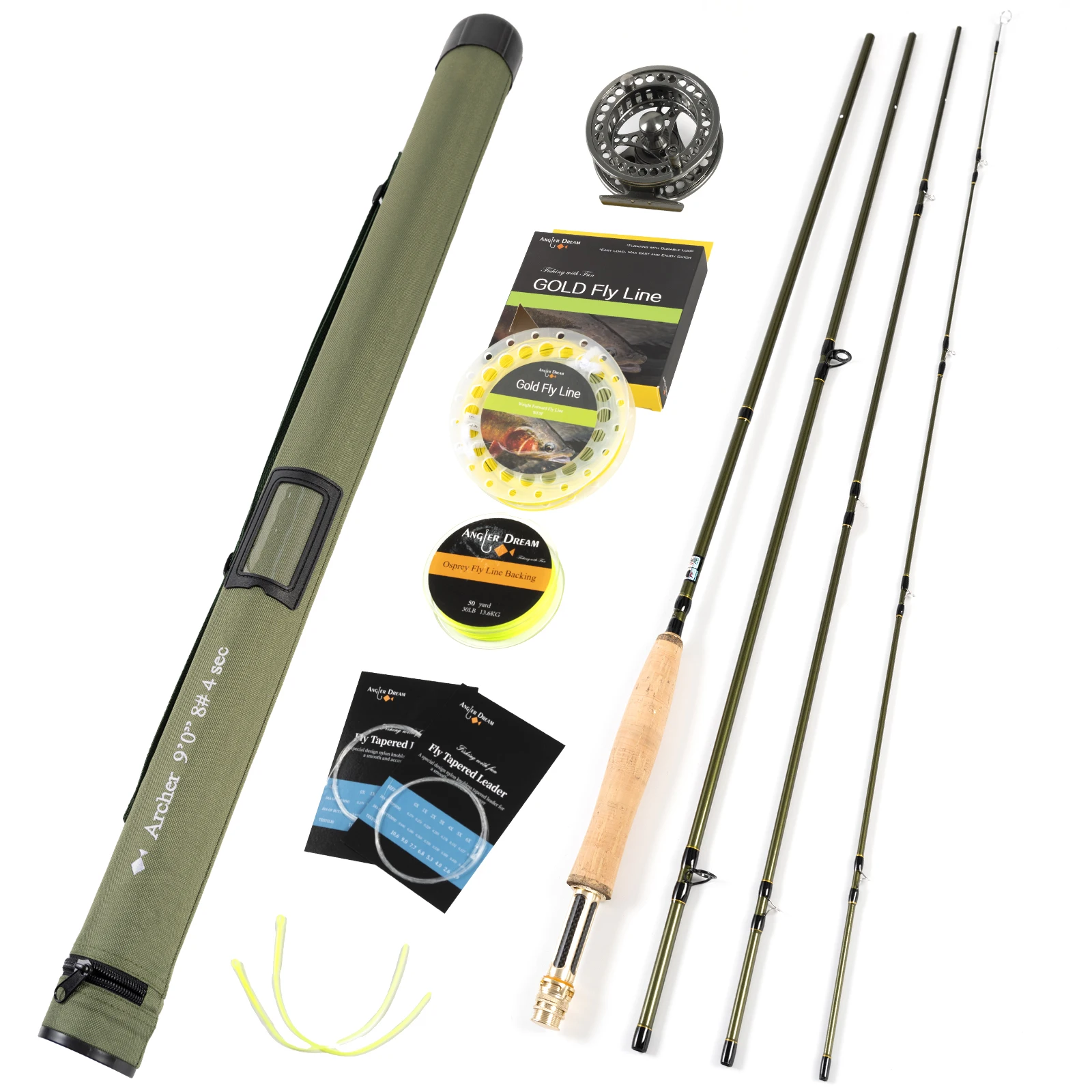 9FT 8WT 4Pieces Carbon Archer Fly Fishing Rod&7/8WT Gunsmoke Reel Gold Line Combo Green Fly Rod Graphite 10 / 36T Carbon Fiber