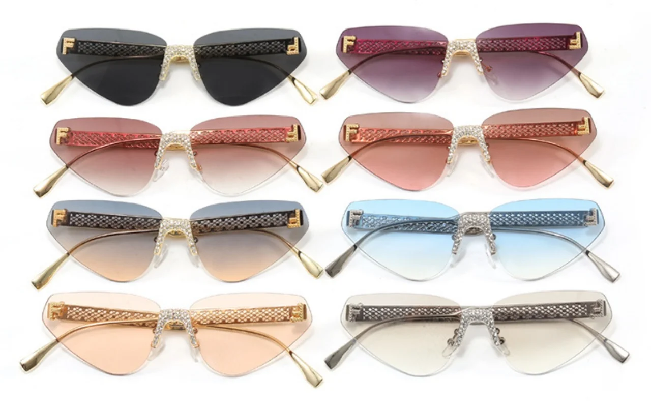 Frauen Sexy Cat Eye Randlose Strass Sonnenbrille Luxus Marke Designer Retro Punk Metall Sonnenbrille männer UV400 Fahren Gläser – Detail 3