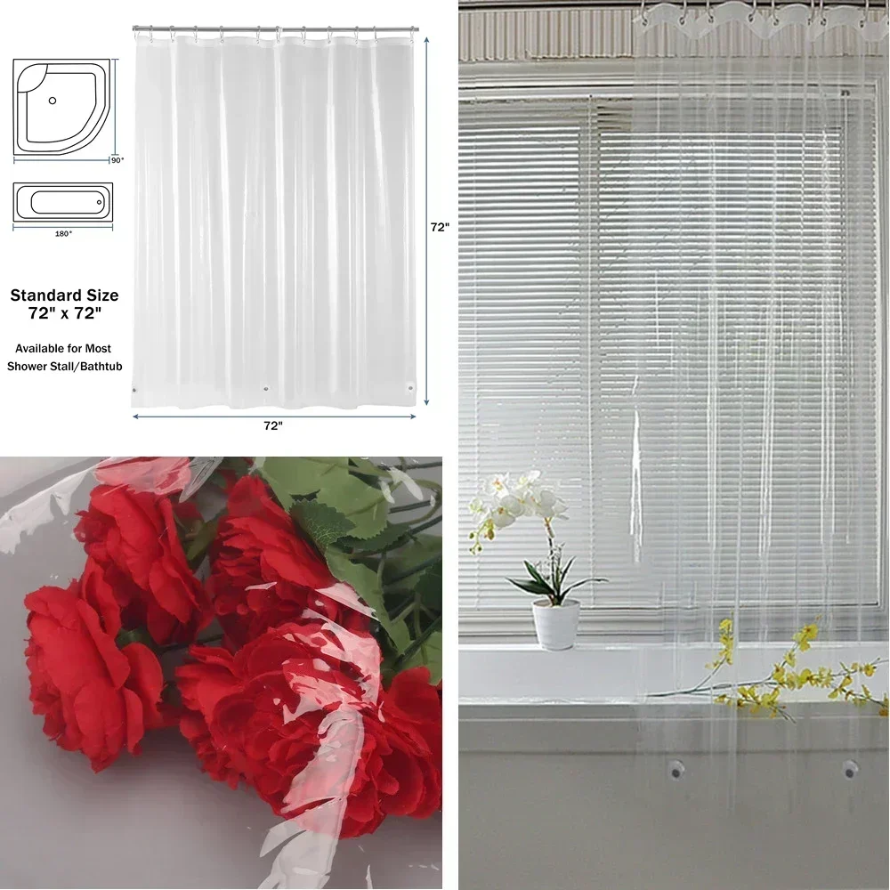 Clear Shower Curtains PEVA Transparent Bathroom Liner Waterproof Bath Curtains Bathroom Mould Proof Mildew Curtains with Hooks