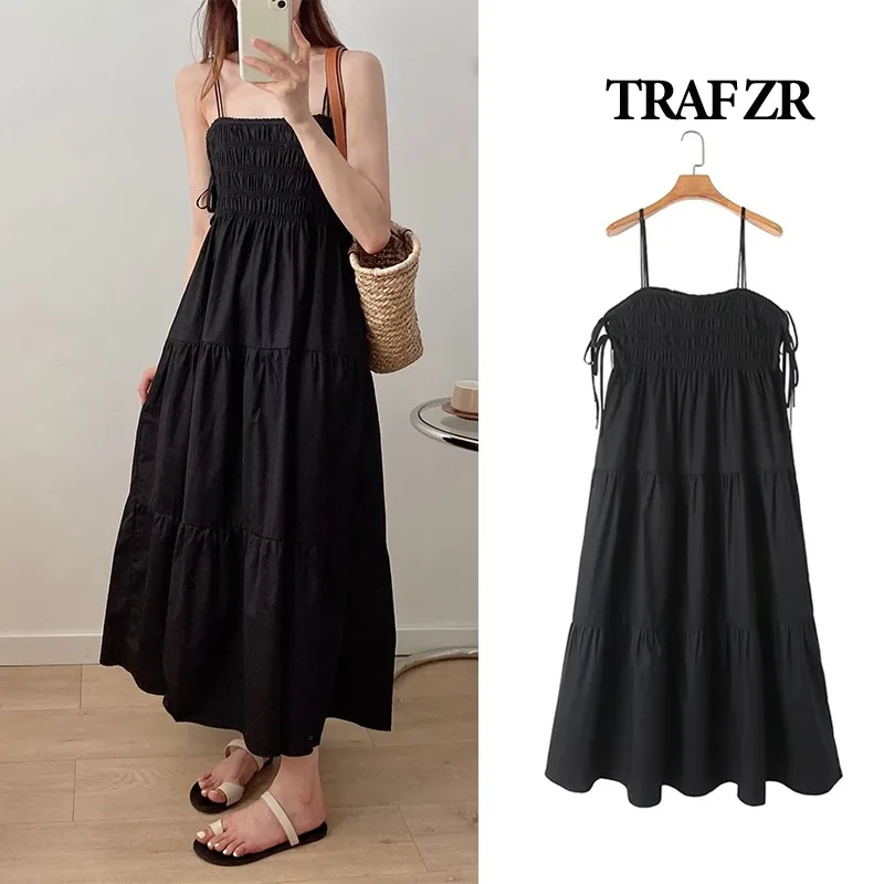 

TRAF ZR Vintage Black Dress Suit Fashion Summer Dresses 2024 COTTON Elegant Women Dresses Women's Camisole Robes Midi Gorgeous