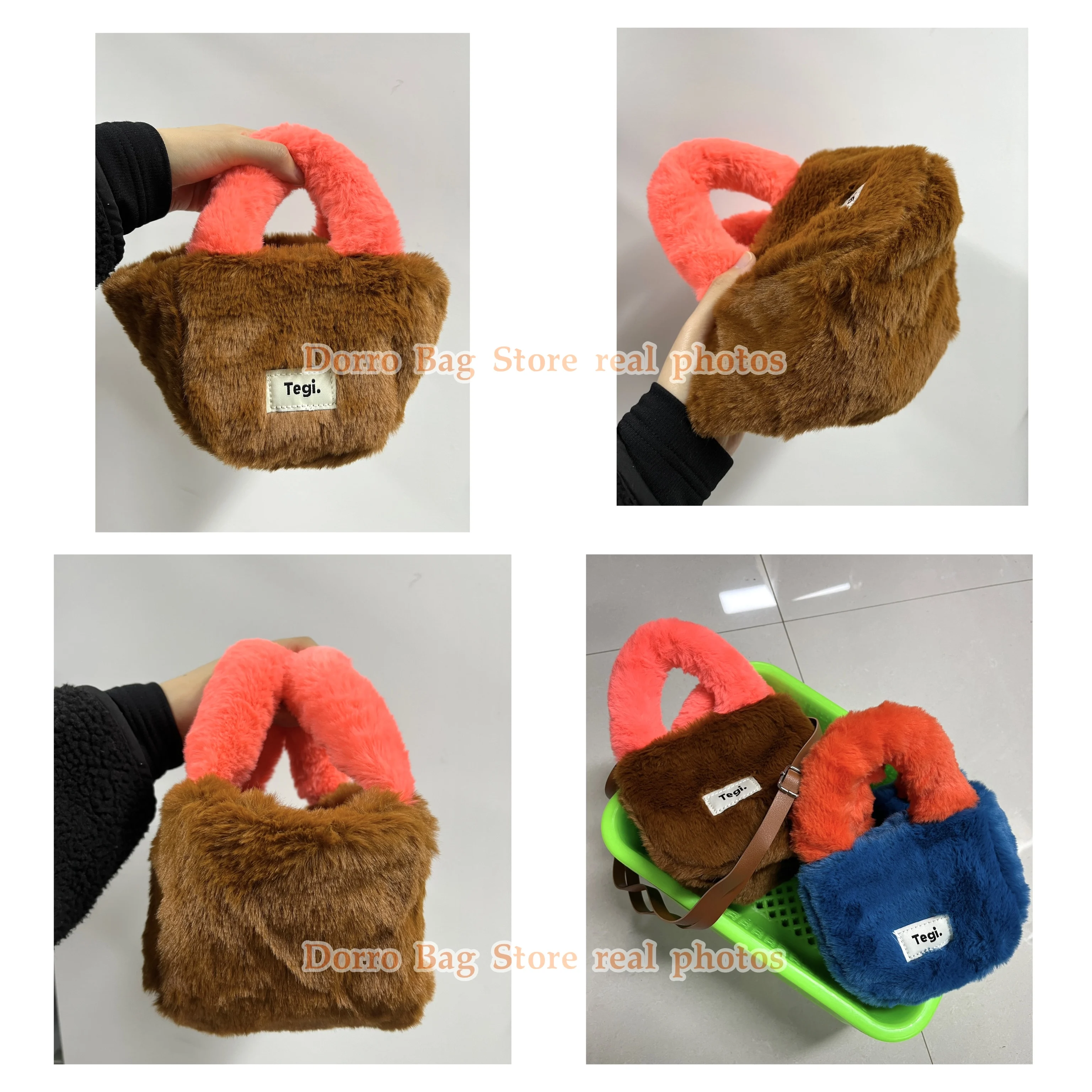 女性のためのキャンディーカラーの小さなぬいぐるみのハンドバッグ,模造毛皮の女性のハンドバッグ,ハンドル付きのファッショナブルな冬のバッグ