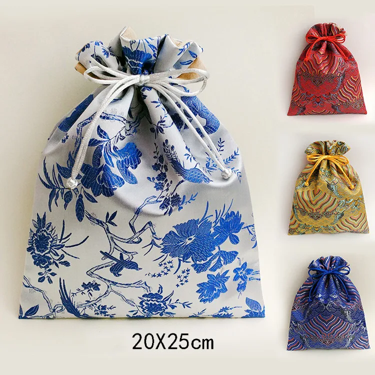 

Extra Large Chinese Silk Brocade Jewelry Pouch Luxury Flower Drawstring Jewellery Gift Packaging Bag Suede Lining Storage Bags