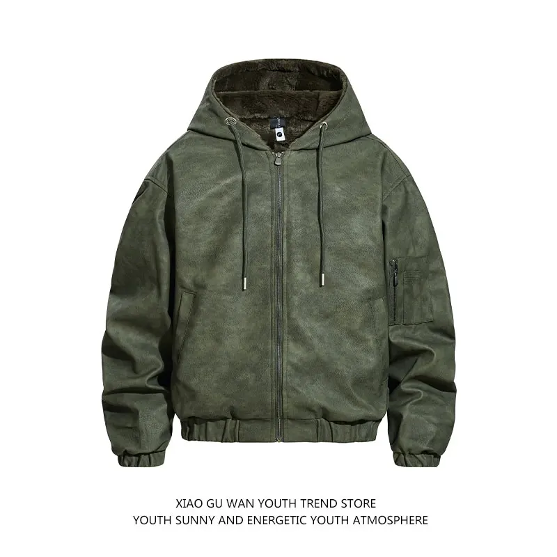 American Sle Suede Hoodie Jaet Men's Women's Loose Fit Personali Couple Outerwear Warm Thi Long Sve Zipper Closure