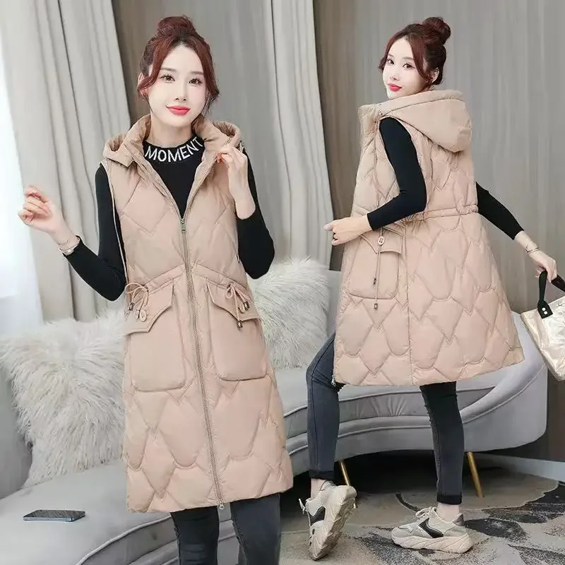 

New Female Mid Long Down Cotton Vest New Autumn Winter Jacket Women Outerwear Loose Large Size Cotton Waistcoat Coats XQ233