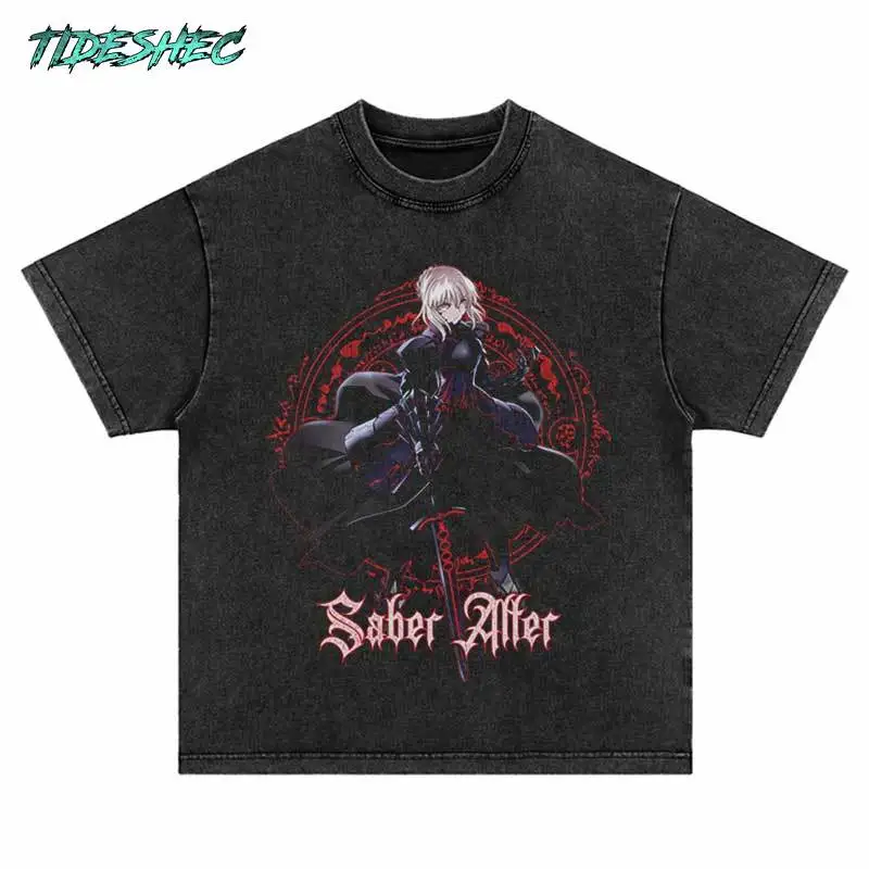 Harajuku Tshirt Hip Hop Japanese Anime The Girl with The Sword Print Punk Gothic Washed Oversize T-Shirt Fashion Loose Top