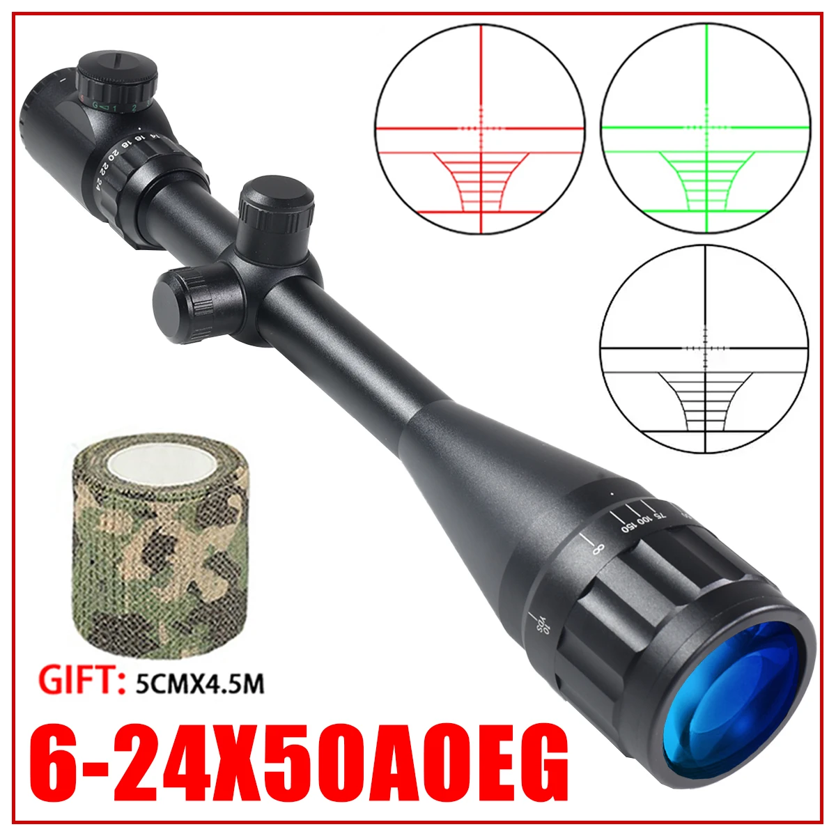 Tactical 6-24X50 AOEG Scope Green Red Dot Riflescope Adjustable Reticle Optical Hunting Rifle Scope Airsoft Air Gun Accessory