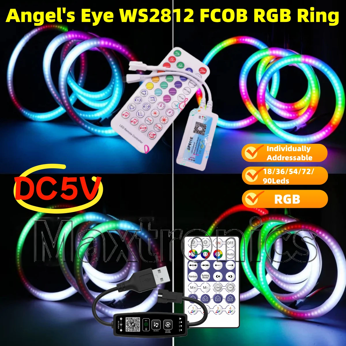 

Индивидуально адресуемые светодиодные кольца Angel's Eye DC5V WS2812 FCOB RGB, 18/36/54/72/90 светодиодов, контроллер LED с 28 клавишами / SP611e Bluetooth APP