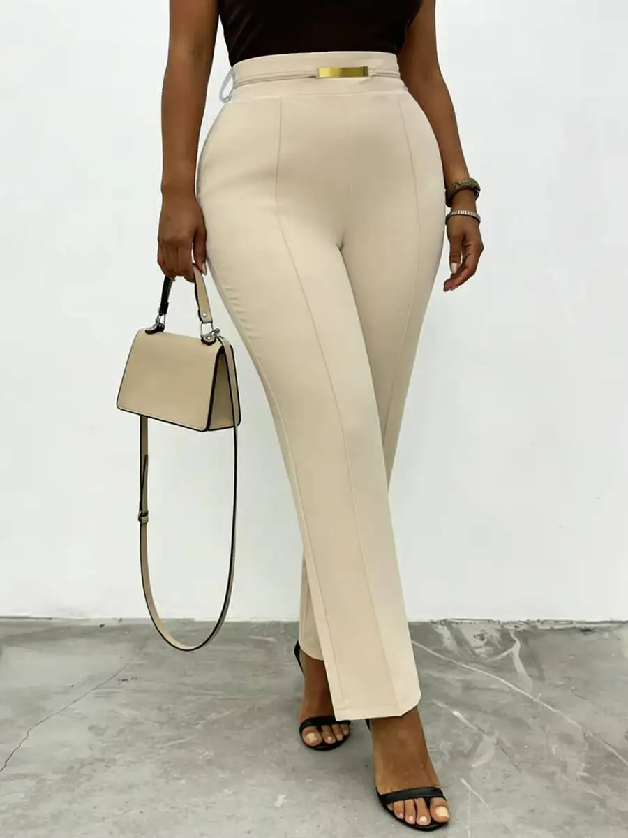 

Women's Plus Size Beige High Waist Suit Pants Metal Buckle Decor Vertical Seam Slim Straight Pants Office Spring Summer Trousers