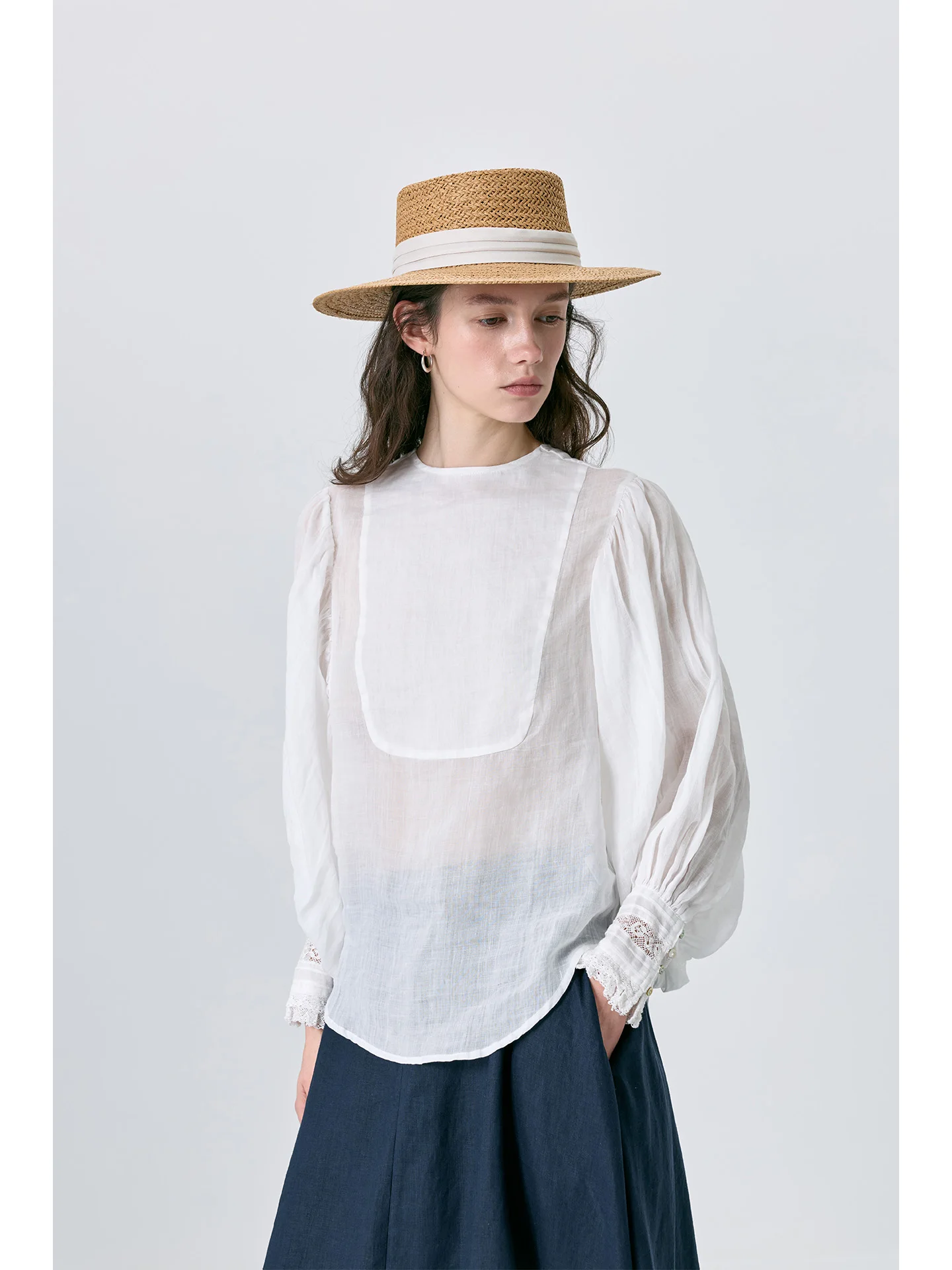 

Lightweight Full Length Sleeve Bubble Sleeve Shirt Women Loose Asymmetrical Hemline White Black Top French Style Cotton Linen