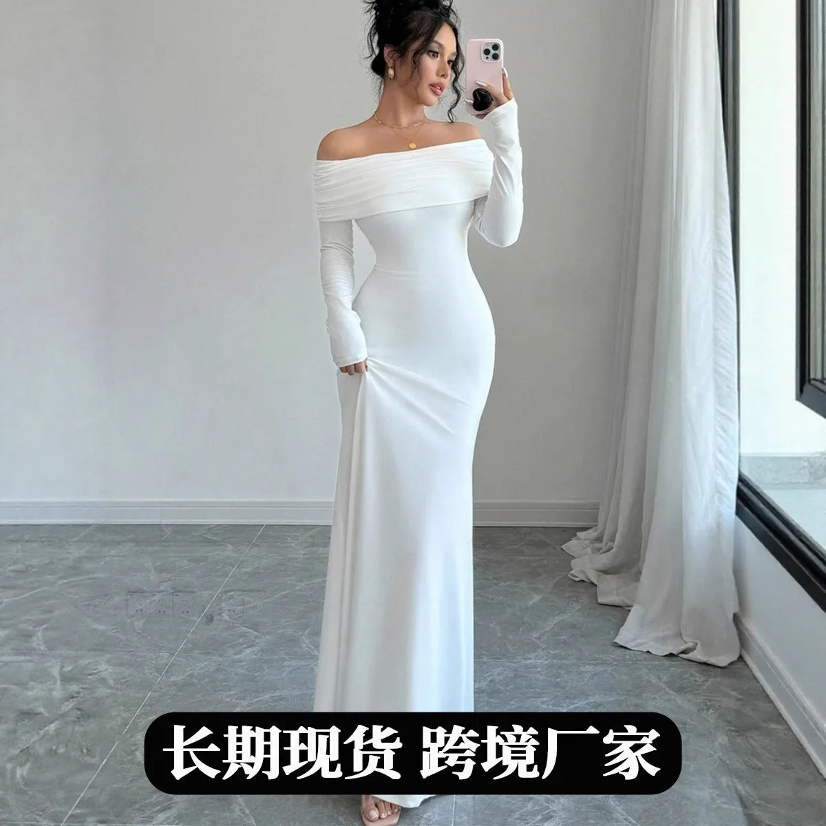 Off Shoulder Long Sleeve Solid Pleated Slim Fit Long Dress for Wedding Guest Elegant Party Prom Wedding Party Evening Robe