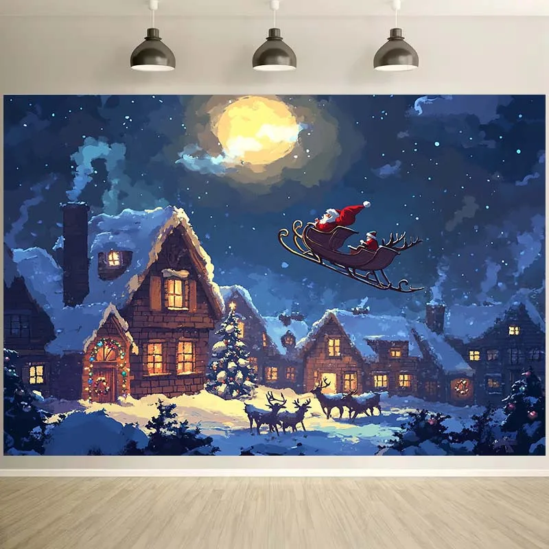سانتا كلوز زلاجات قرية عيد الميلاد خلفية مع القمر والثلج والرنة - بوليستر، لا يتطلب طاقة