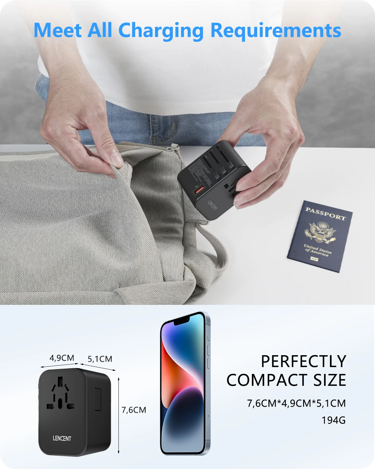 LENCENT 65W/45W/30W GaN Universal Travel Adapter with USB-A and Type C Fast Charging Power Adapter EU/UK/USA/AUS Plug for Travel