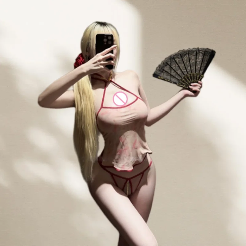 Two-piece Set Sexy Chinese Style Backless Strap Hanging Neck Fun Lingerie Pearl Non Removable Underwear Tempting Stand Up Collar
