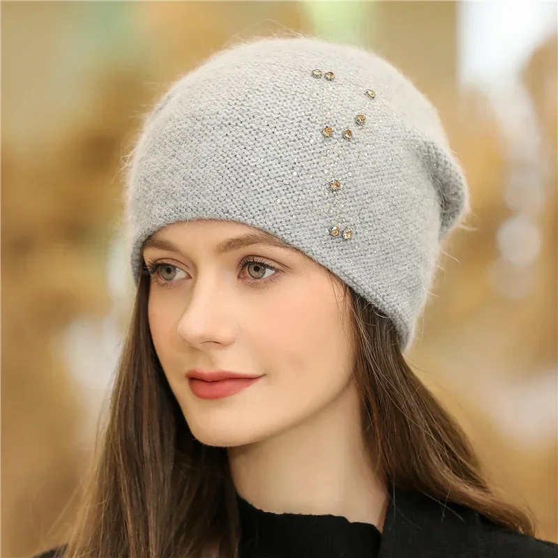 New Women Winter Hat Fashion Decorate Beanie Hat Rabbit Fur Blend Warm Winter Cap for Female Casual Streetwear Knitted Hat