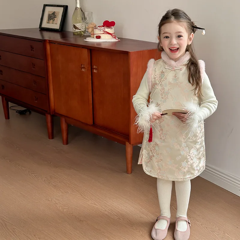 Falda Cheongsam gruesa y cálida De felpa, Ropa para niños, vestidos infantiles para niña, vestidos De flores para niña, Ropa para niños, Ropa De Niña 2025