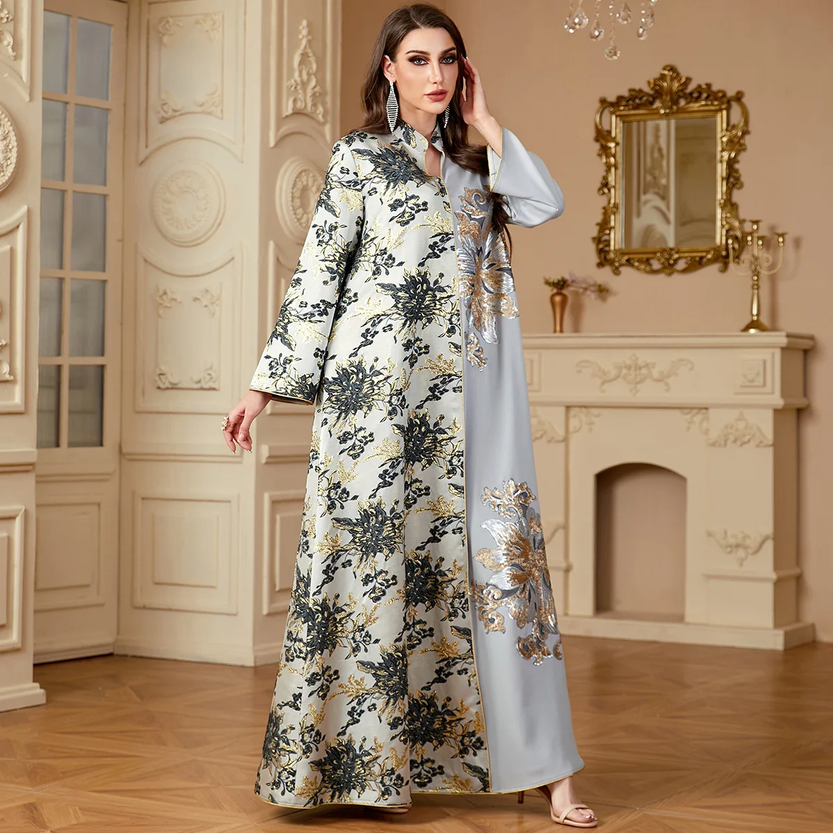 4150 Muslim Dubai women's jacquard long robe, contrasting splicing long skirt, V-neck dress