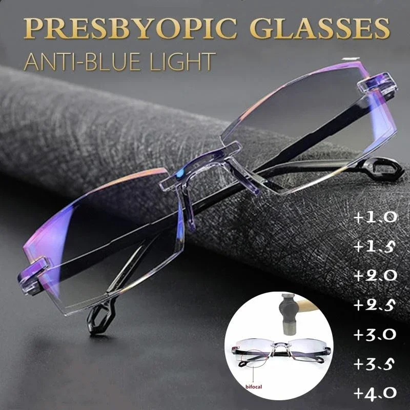 

New Anti-blue Light Bifocal Far Near Magnification Eyewear Men Women Rimless Reading Glasses Presbyopic Glasses +1.0 To +4.0