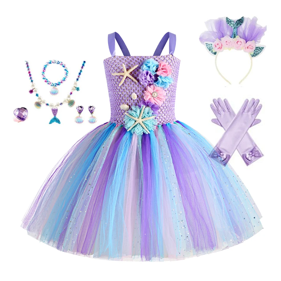 Girls Mermaid Tutu Dress Under the Sea Theme Birthday Party Carnival Costumes with Flower Headband Ocean Halloween Dresses 1-12Y