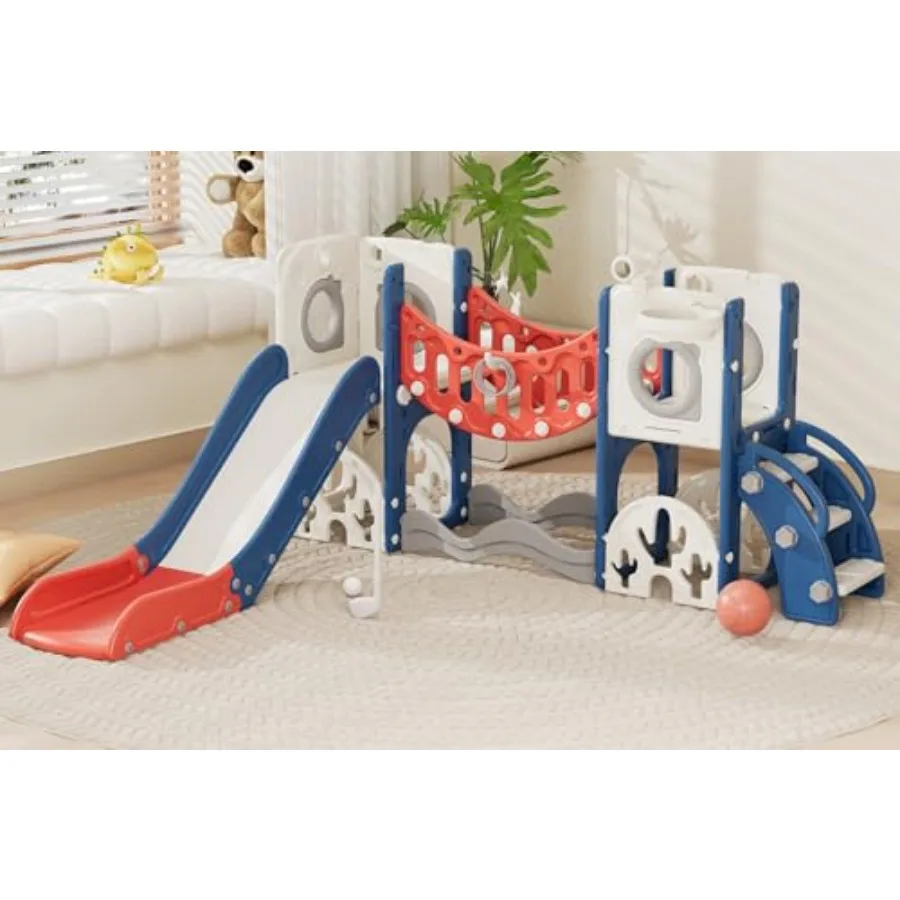 

Toddler Playground Playset with Climbing Arch Golf Set Slide Basketball Hoop - Outdoor Toys Safe Durable Plastic Garden Equipme