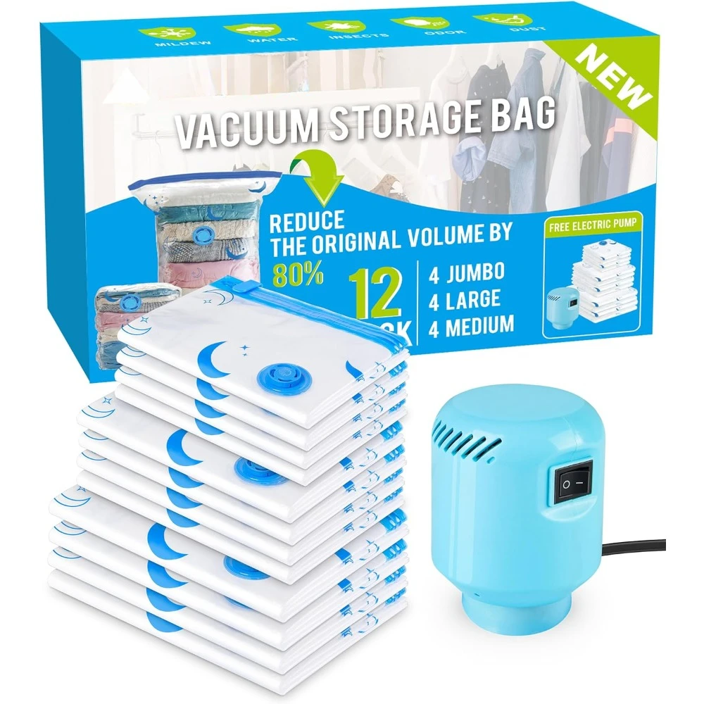 

Vacuum Storage Bags with Electric Pump, Combo Size Space Saver Bag for Clothes, Mattress, Blankets, Duvets, Pillows12 Pack