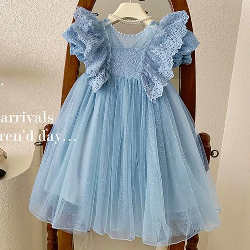 2023 Summer Girls' Pearl Lace Fairy Dress abbigliamento per bambini girocollo in pizzo con maniche a bolle senza maniche Fluffy Mesh Princess Dresses