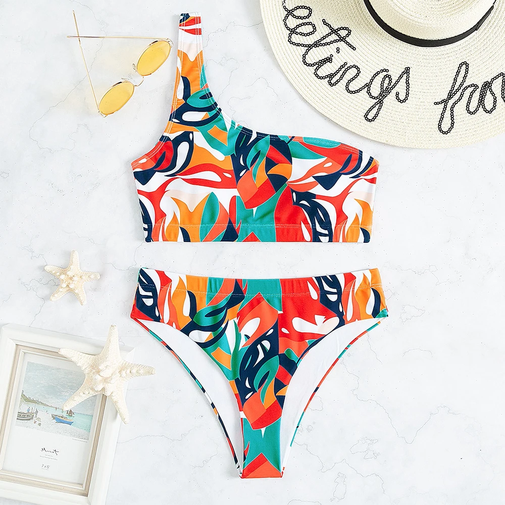 SXY Tropical Print 원 숄더 비키니 수영복 2022 Summer Two Pieces 비치 바디 수트 수영복 Mujer Swimwear