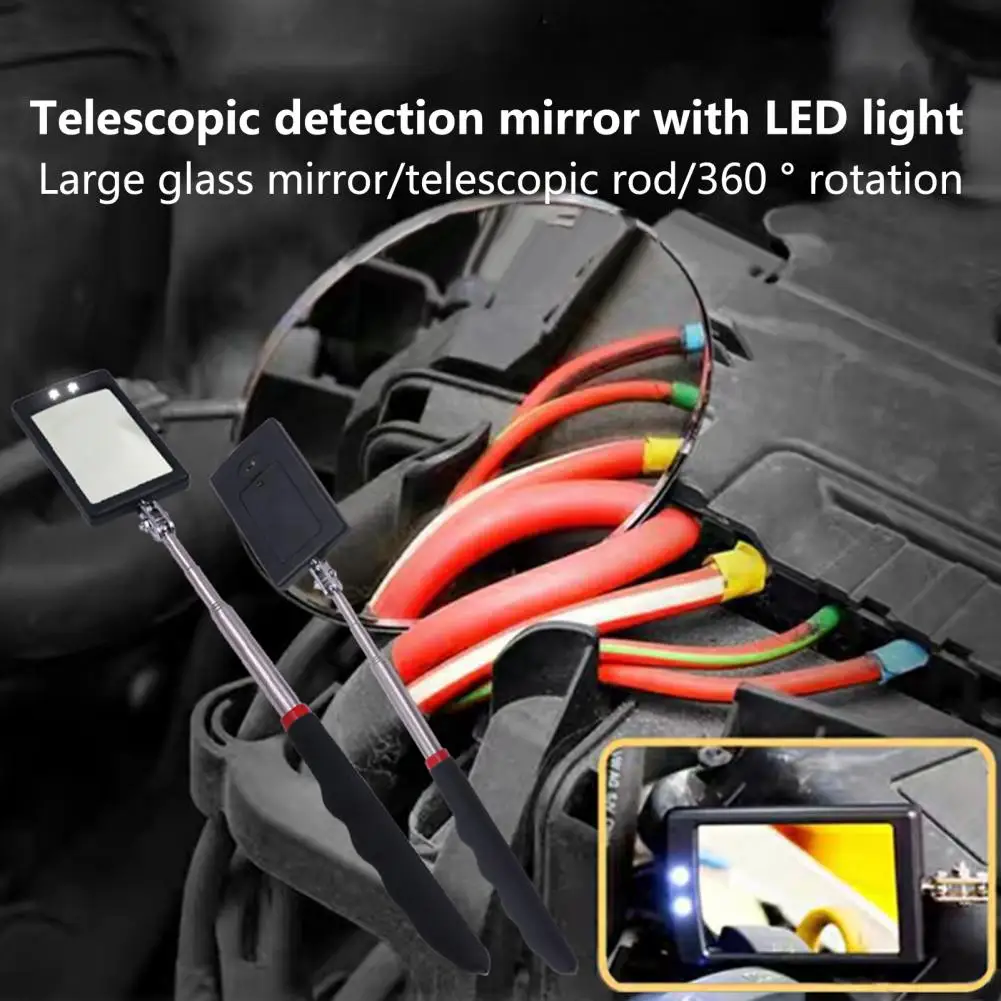 Inspection Mirror with LED Light Telescopic Rod Folding Rectangle Mirror Detection Car Engine Chassis Inspection Repair Mirror