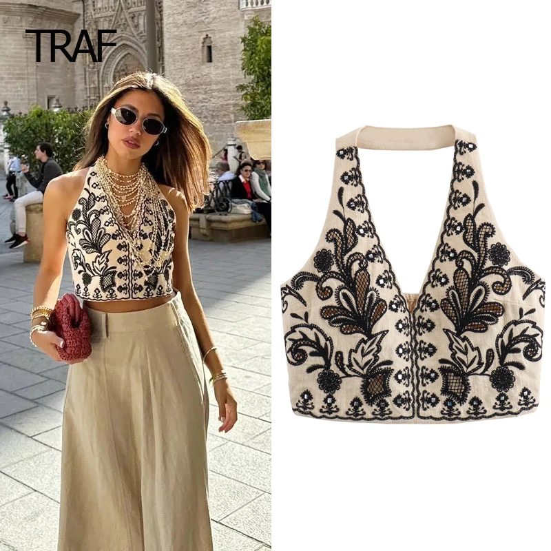 TRAF Women Top Summer 2024 Embroidered Halter Top Crop Linen Blended Sleeveless Backless Tank Tops Elegant Designer Tops Luxury