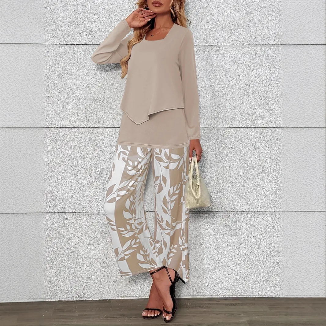 Plus-size European and American cross-border autumn and winter printed long-sleeve set, casual and elegant commuter two-piece se