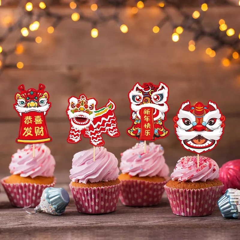 8pcs 2024 Happy Chinese New Year Cake Topper Dragon Year Lion Dance Cake Decoration Spring Festival Christmas Cake Decoration