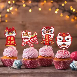 8pcs 2024 Happy Chinese New Year Cake Topper Dragon Year Lion Dance Cake Decoration Spring Festival Christmas Cake Decoration