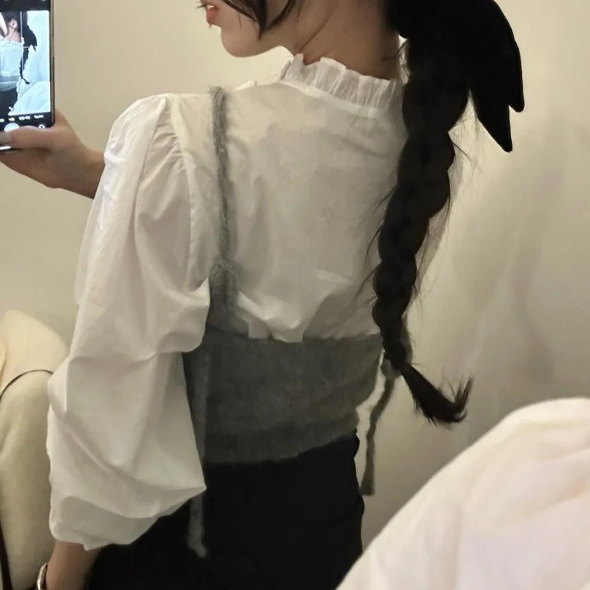 Wit Katoen Bubble Sve irt Dames Long Sve V-ne Geplooid Gored Yoke Lenteontwerp Faionable Casual Ademend