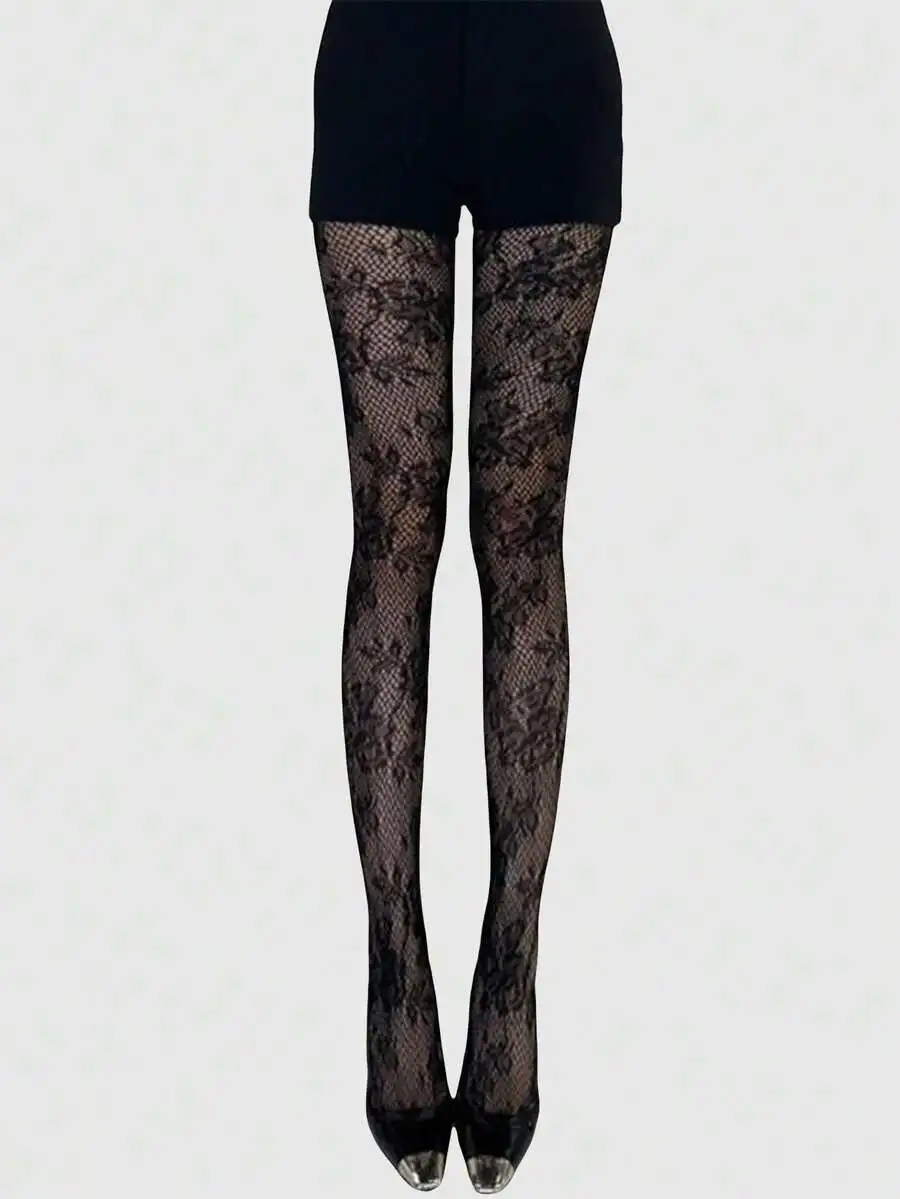 

1pc Valentine's Day Jacquard Fishnet Tights, Ruffle Hem High Waist Sexy Mesh Stockings, Women Romantic Fashion Hosiery