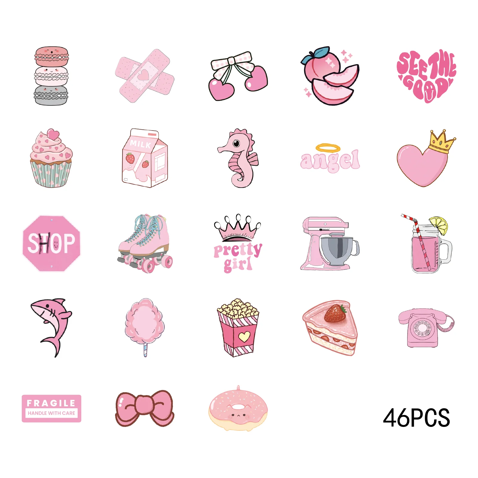 46PCS Bear, Shark, Rose Pink Theme Stickers Decorated Diary Notebook Water Bottle Classic Toy Stationery Paper-Cut Thin Decal