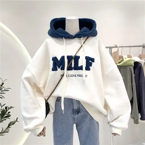 패션 패치 워크 특대 스웨터 여성 겨울 캐주얼 느슨한 면화 두꺼운 편지 긴 소매 후드 여성 streetwear