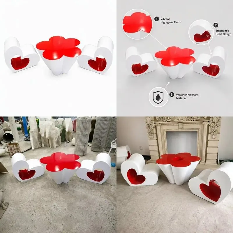 Creative Flower Table and Heart Chair Set Stainless Steel Sculpture Metal Artwork for Garden Park Shopping Mall Decoration
