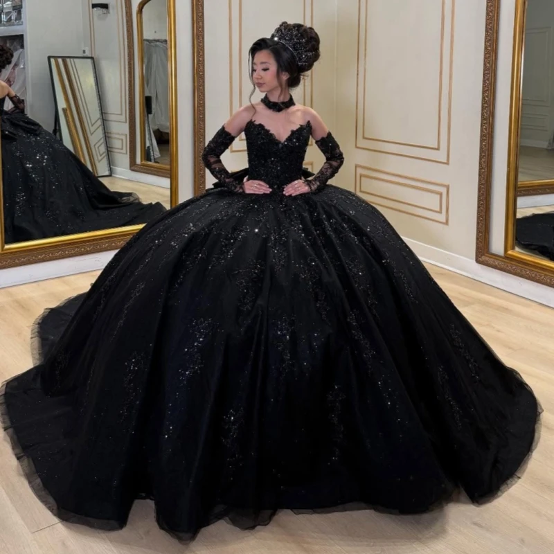 

Черное блестящее платье Quinceanera с открытыми плечами и аппликацией из кружева с бусинами и бантом из тюля для вечеринки, дня рождения, сладкое платье 16, Vestidos 15 De Anos