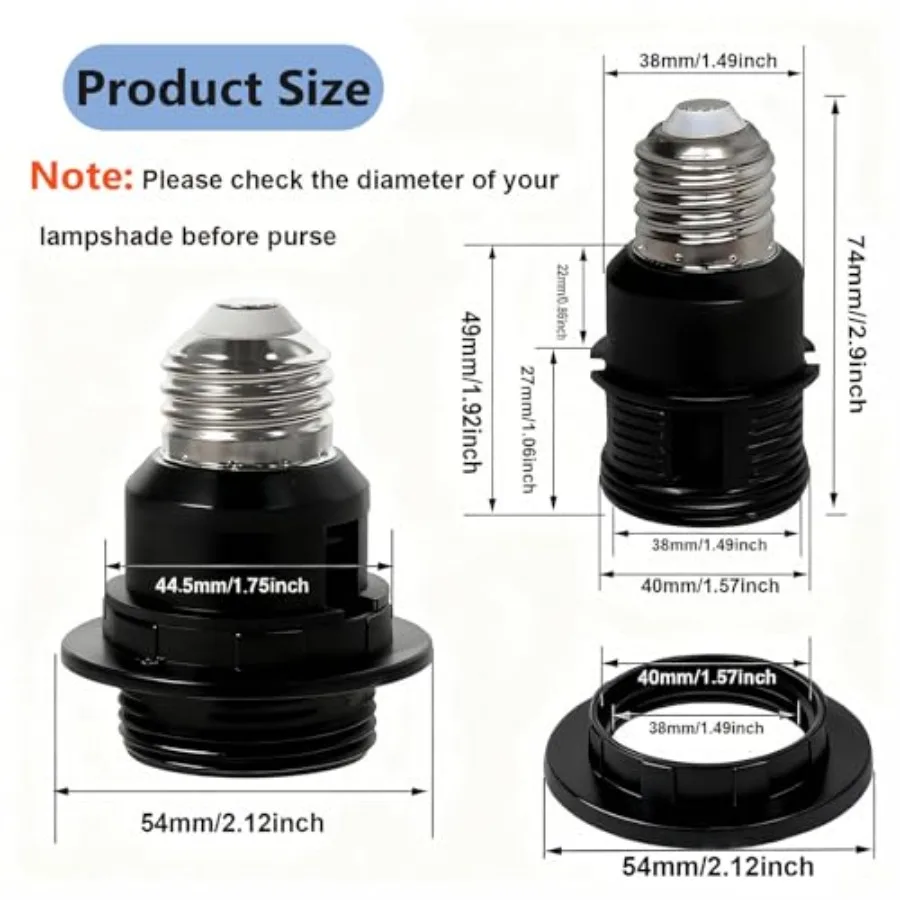 E26 to E26 Socket Extender, 7.4cm/2.91 inches E27/E26 Light Socket Extension, Thread Lamp Holder Adapter with Shade Rings Black