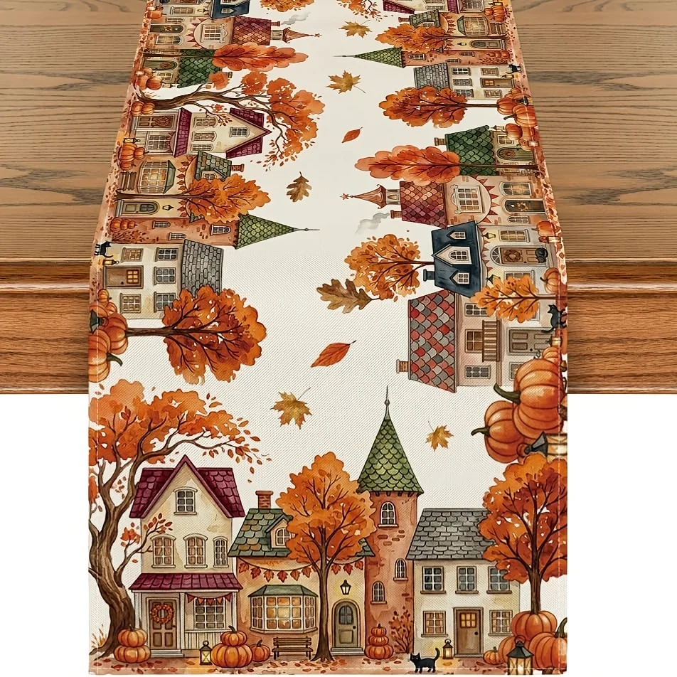 1pc Dokriy Whimsical Countryside Fall Table Runner Colorful Roof House Autumn Tree Leaf Pumpkin Print for Farmhouse Kitchen