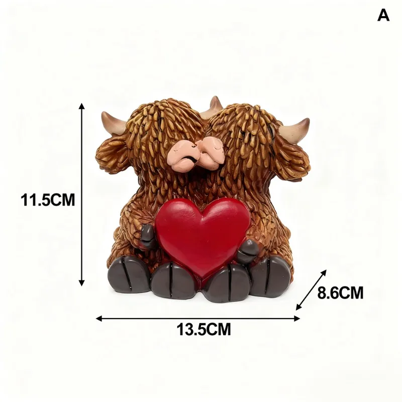 Highland Cow Couple Resin Figurine With Red Heart Christmas Gift Scottish Yak Statue Home Desktop Ornament American Style Home